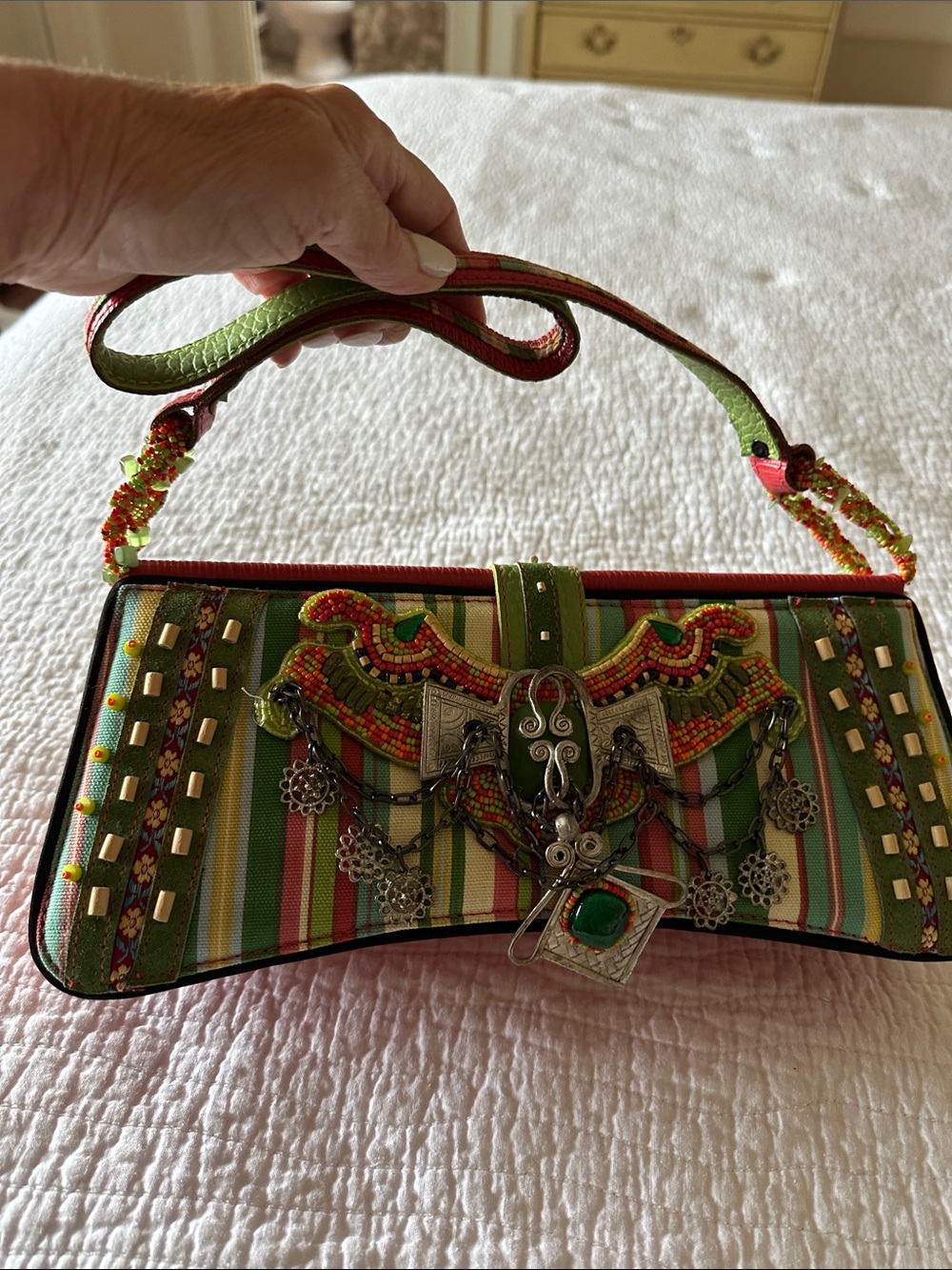 Mary Frances Green Multicolor Embellished Clutch with Beaded Accents